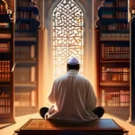 A beautiful illustration featuring a library with ancient manuscripts, a mosque in the background, and a scholar engrossed in study. - Islamic Philosophy Origins