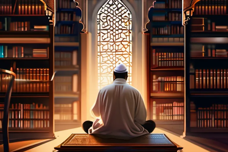 A beautiful illustration featuring a library with ancient manuscripts, a mosque in the background, and a scholar engrossed in study. - Islamic Philosophy Origins