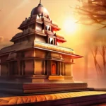 Create an image featuring a serene Jain temple, symbolizing peace and spiritual growth, with the sun rising over it to represent the dawn of a new understanding of this ancient faith. - Jainism origins