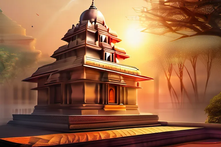 Create an image featuring a serene Jain temple, symbolizing peace and spiritual growth, with the sun rising over it to represent the dawn of a new understanding of this ancient faith. - Jainism origins