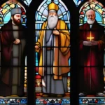 A stained-glass window depicting various religious leaders throughout history. - minister of religion