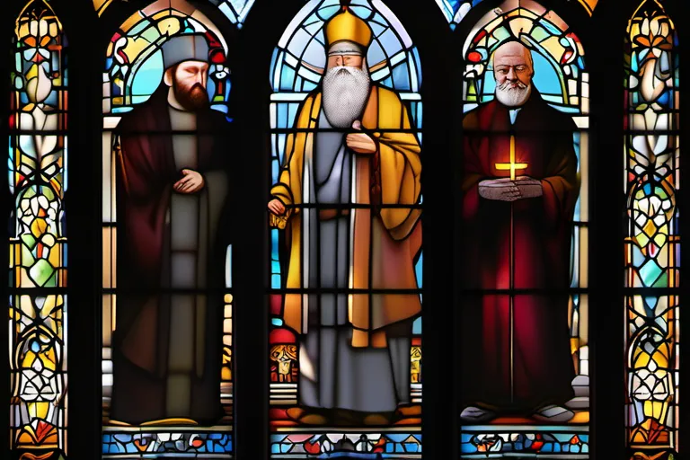 A stained-glass window depicting various religious leaders throughout history. - minister of religion