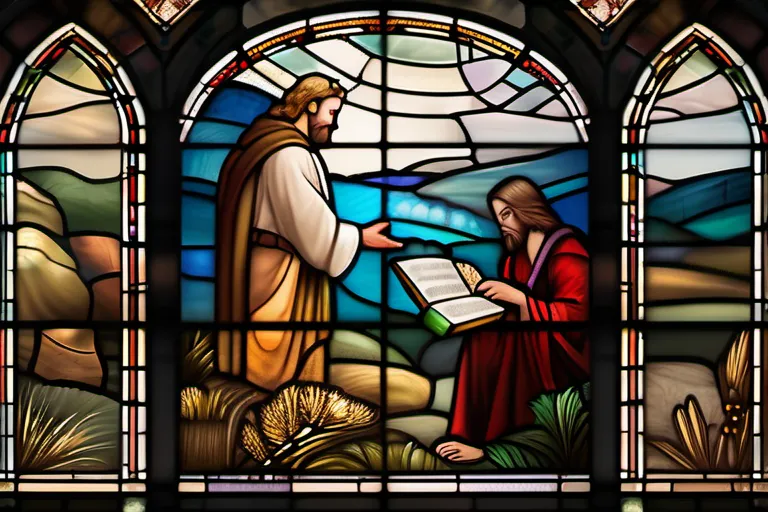 A stained-glass window depicting scenes from the New Testament. - Christianity Origins