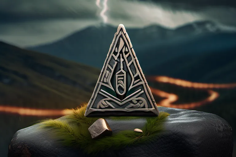 A mystical, ancient Norse rune stone set against a backdrop of towering mountains and a stormy sky. - Norse Paganism Origins