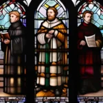 A stained-glass window depicting key figures from the Reformation era. - Protestantism origins