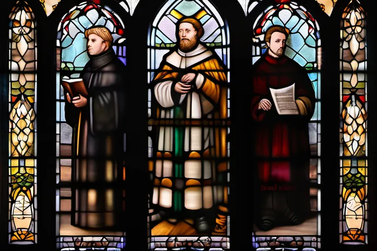 A stained-glass window depicting key figures from the Reformation era. - Protestantism origins