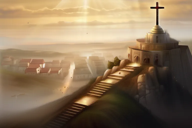 A depiction of an ancient city with a cross atop a hill, symbolizing the spread of Christianity across the ancient world. - Christianity origins