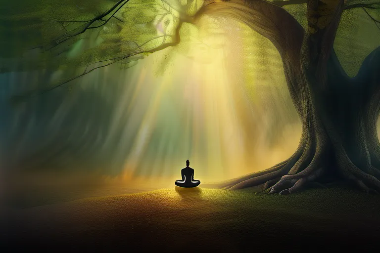 An image depicting a serene forest with a solitary figure meditating under a tree, symbolizing the connection between nature and spirituality. - spirituality, spiritual but not religious, origins