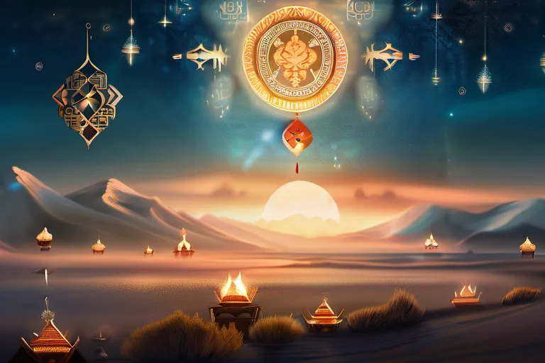 A stylized image depicting a Central Asian landscape with a sky filled with celestial symbols representing Tengrist deities. - Tengrism origins