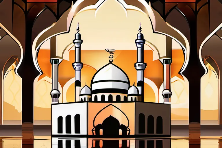 A stylized illustration of a mosque with six interconnected symbols representing the Six Articles of Faith. - Islam, Six Articles of Faith