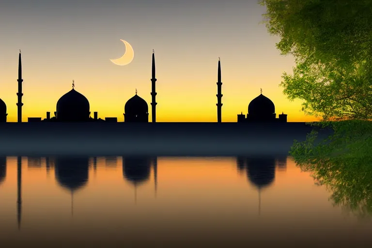 A serene mosque at sunset with a crescent moon in the sky, symbolizing the holy month of Ramadan. - Ramadan, Muslim Practices, Islamic Month