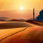 A serene desert landscape at sunset with a mosque in the distance, symbolizing the harmony between nature and spirituality in Arabic religion. - Arabic Religion Spirituality Life