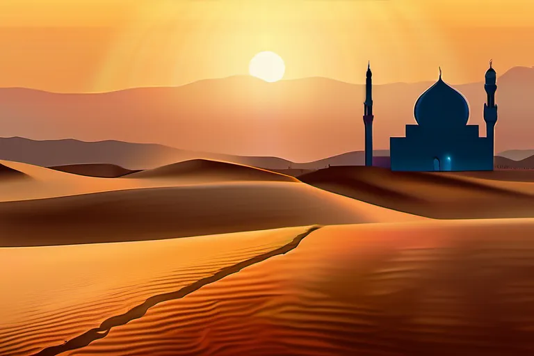 A serene desert landscape at sunset with a mosque in the distance, symbolizing the harmony between nature and spirituality in Arabic religion. - Arabic Religion Spirituality Life