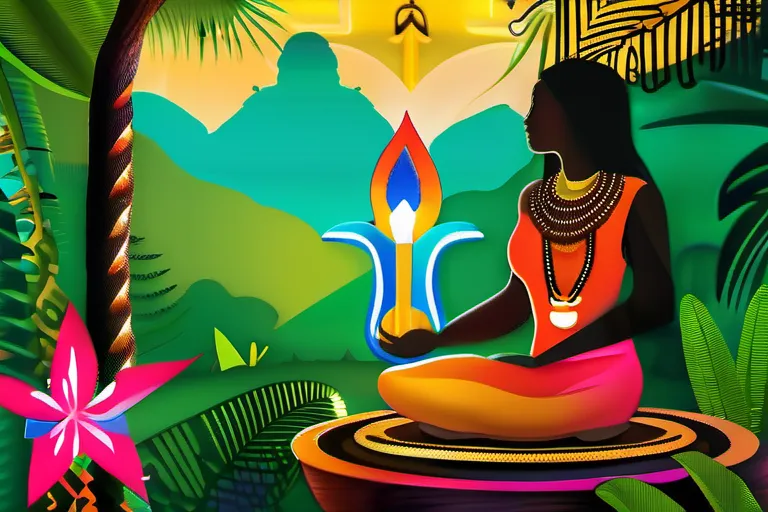 A vibrant, colorful image featuring symbols from Candomblé and Umbanda religions, with a serene backdrop of the Brazilian rainforest. - Brazilian Religion