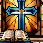 A stained-glass window depicting a cross with an open Bible and a candle, symbolizing the importance of scripture and prayer in Episcopal spirituality. - Episcopal Spirituality