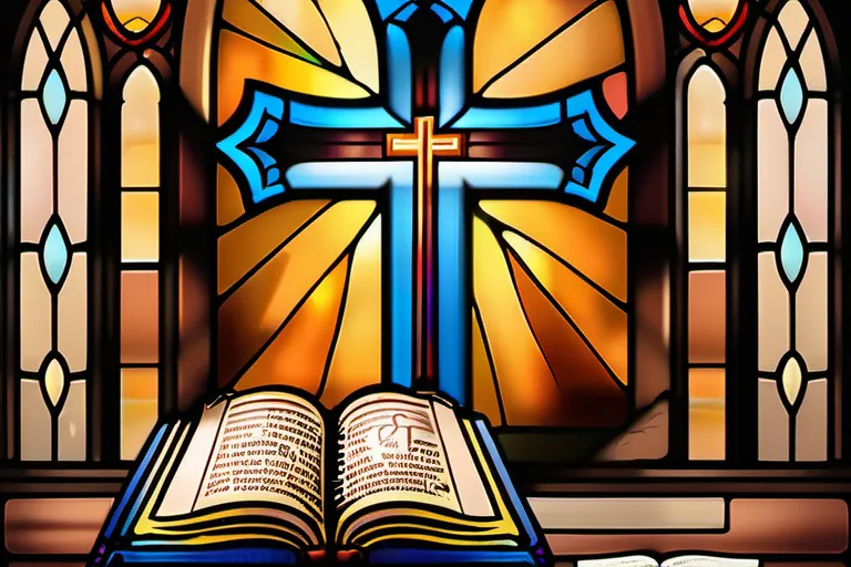 A stained-glass window depicting a cross with an open Bible and a candle, symbolizing the importance of scripture and prayer in Episcopal spirituality. - Episcopal Spirituality