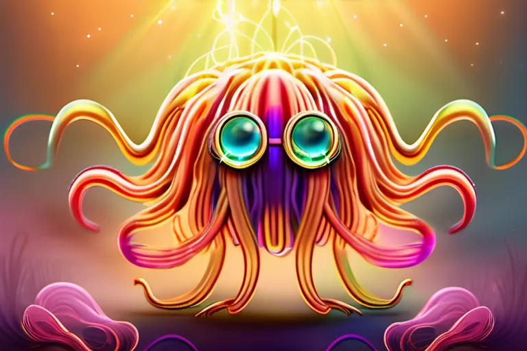 A playful, colorful illustration of a flying spaghetti monster with a halo or aura. - Flying Spaghetti Monster Religion