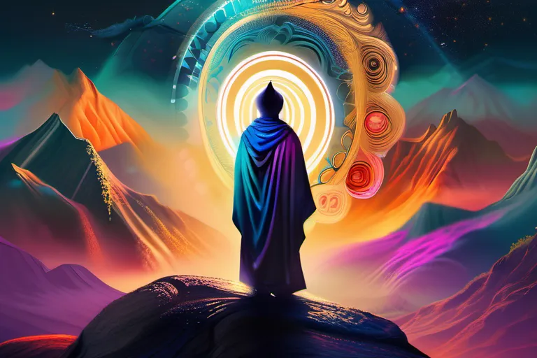 A mystical figure standing on a mountain, surrounded by swirling colors and symbols representing the teachings of Gnosticism. - Gnostic Teachings