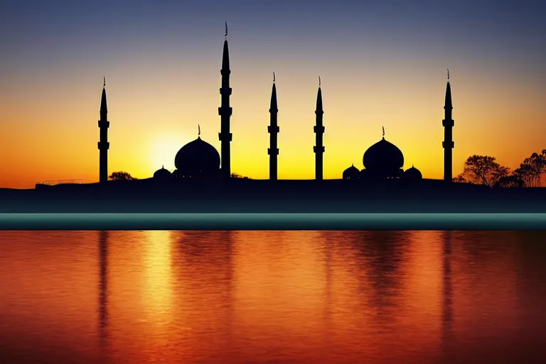 A vibrant image showcasing a mosque with the crescent moon and star against a sunset backdrop, symbolizing Islam and the concept of halal. - halal meaning