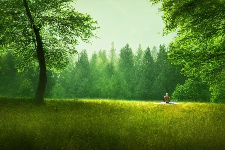 A serene forest scene with a solitary figure meditating under a tree, symbolizing the connection between nature and personal spiritual growth. - spiritual but not religious