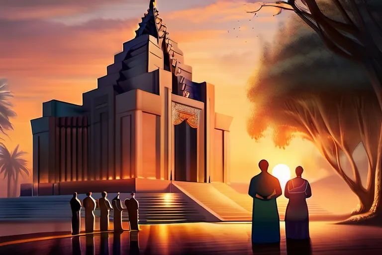 A serene image of a temple at sunset with people praying, symbolizing the deep spiritual connection in Mormon faith. - Mormonism, spirituality, life