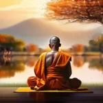 A serene image of a Buddhist monk meditating under a tree with a peaceful landscape in the background. - Buddhism, spirituality, peace, mindfulness