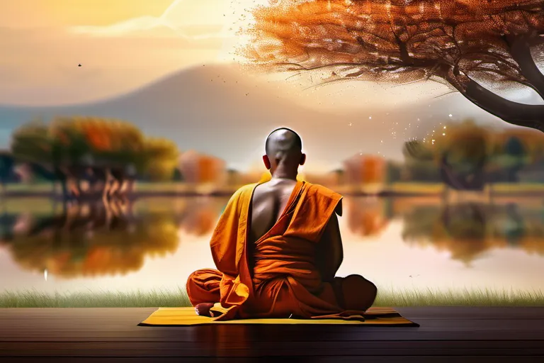 A serene image of a Buddhist monk meditating under a tree with a peaceful landscape in the background. - Buddhism, spirituality, peace, mindfulness