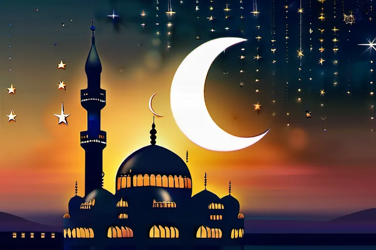 A serene image of a mosque at sunset, with the crescent moon and stars visible in the sky, symbolizing the Islamic faith and the concept of Muslim Heaven. - Muslim Heaven, Spirituality, Life, Afterlife, Islam