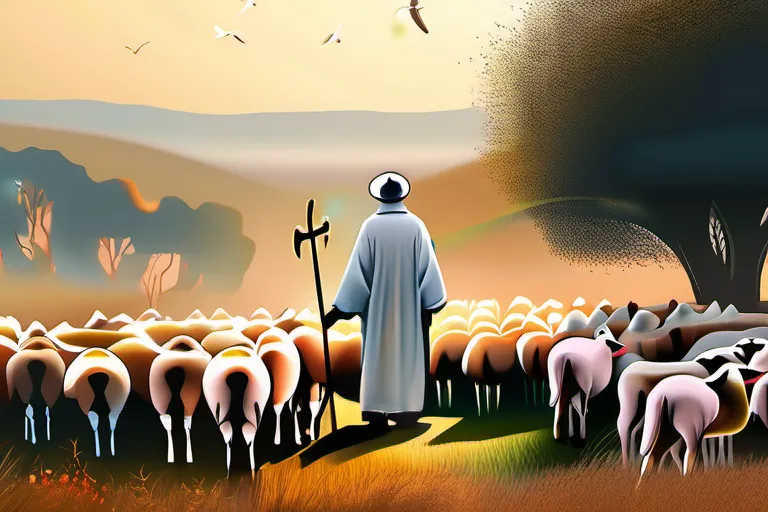 A serene image of a shepherd tending his flock under a clear sky, symbolizing the caring and nurturing nature of pastoral theology. - Pastoral Theology, Spiritual Growth, Personal Development, Meaningful Life