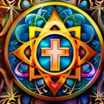 A vibrant, colorful image depicting various religious symbols intertwined, symbolizing the blending of beliefs in syncretic religions. - syncretic religion