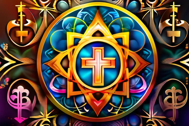 A vibrant, colorful image depicting various religious symbols intertwined, symbolizing the blending of beliefs in syncretic religions. - syncretic religion