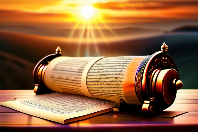 A serene image of a Torah scroll against a backdrop of a sunset, symbolizing the wisdom and guidance found in the Jewish Bible. - Jewish Bible spirituality