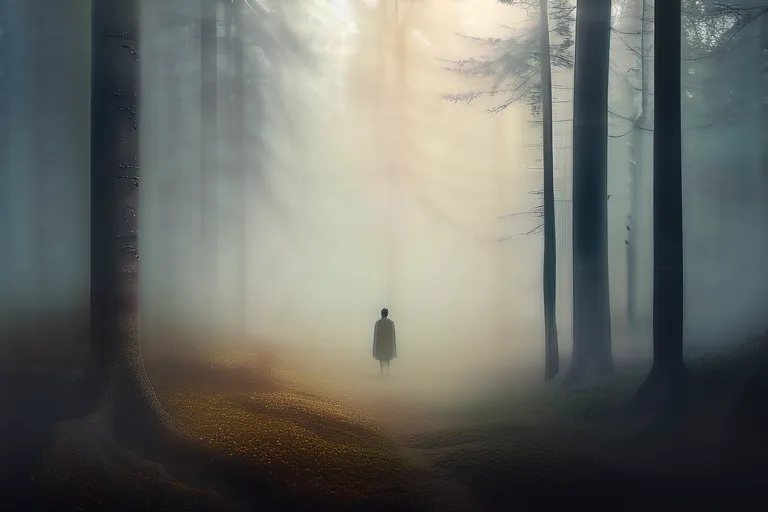 A serene image of a person standing at the edge of a misty forest, symbolizing the transition from life to death. - life after death