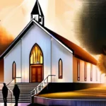 A serene image of a Seventh-day Adventist church with a group of people gathered for worship, symbolizing the unity and community within the denomination. - Seventh-day Adventists beliefs