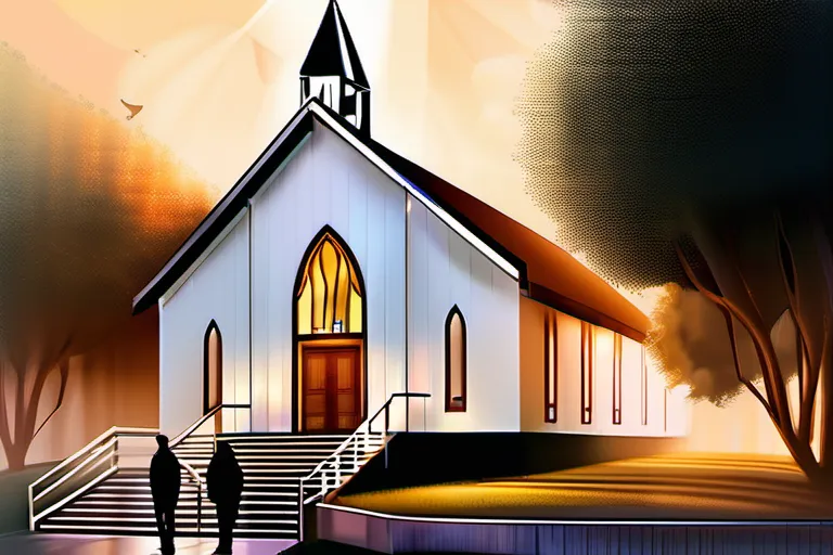 A serene image of a Seventh-day Adventist church with a group of people gathered for worship, symbolizing the unity and community within the denomination. - Seventh-day Adventists beliefs