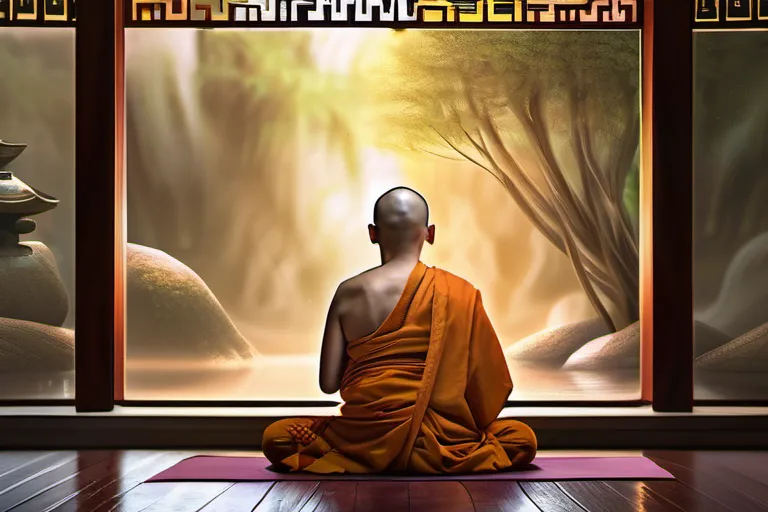 A serene image of a Buddhist monk meditating in a tranquil temple setting. - Buddhist Monk