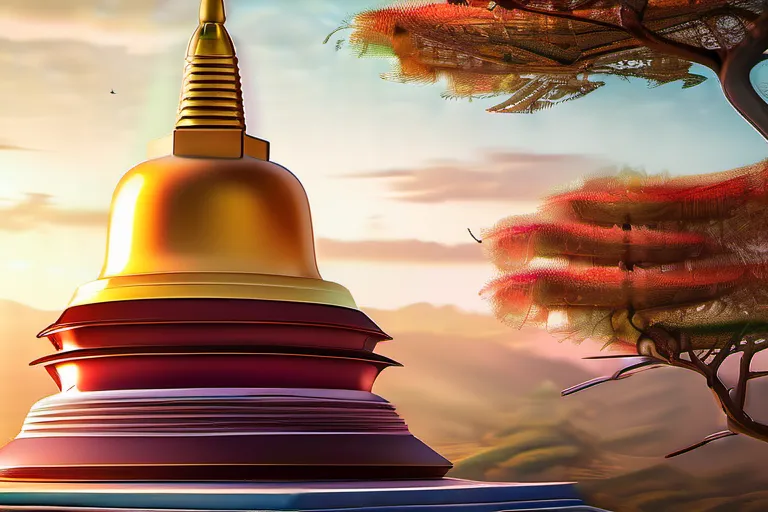 A visually appealing cover image featuring a beautifully detailed and colorful Buddhist stupa against a serene backdrop of a Buddhist temple or landscape. - Buddhist Stupa