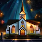 A captivating image of a beautifully illuminated church at night with an inviting entrance and stained-glass windows. - Church