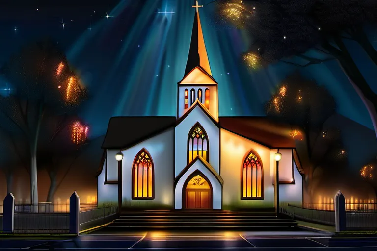 A captivating image of a beautifully illuminated church at night with an inviting entrance and stained-glass windows. - Church