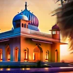 A serene image showcasing a beautifully decorated Gurdwara at sunset, with devotees gathered for evening prayers. - Gurdwara in Sikhism