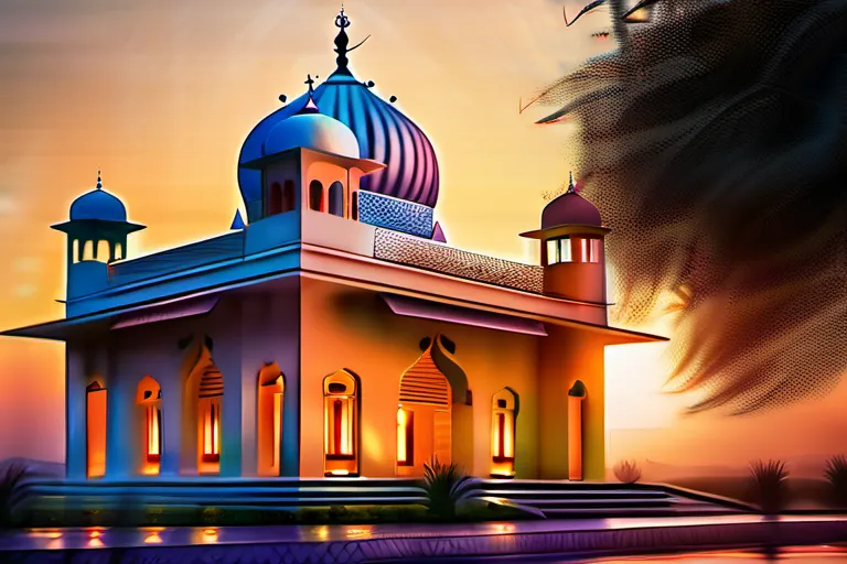 A serene image showcasing a beautifully decorated Gurdwara at sunset, with devotees gathered for evening prayers. - Gurdwara in Sikhism