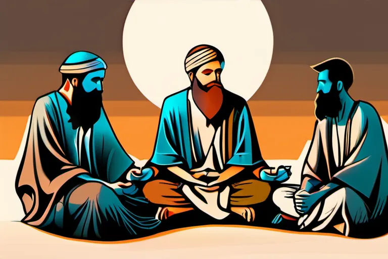 A serene image of a wise, bearded man sitting cross-legged with his disciples around him. - guru