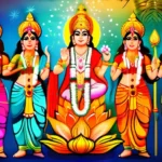 A colorful image depicting various Hindu deities celebrating a festival with vibrant colors, decorations, and traditional attire. - Hindu Festivals