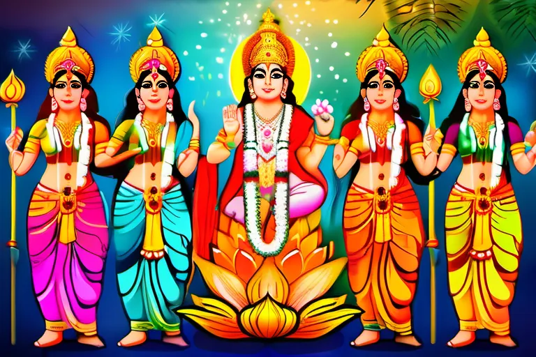 A colorful image depicting various Hindu deities celebrating a festival with vibrant colors, decorations, and traditional attire. - Hindu Festivals