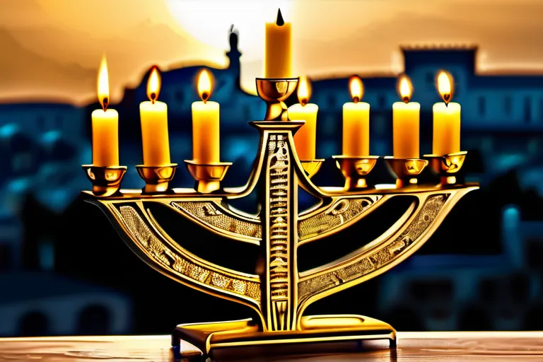 A beautifully crafted golden menorah with seven branches, standing tall against a backdrop of ancient Jerusalem. - menorah