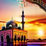 A beautiful, vibrant image featuring a stunning mosque with intricate architectural details and minarets against a colorful sunset backdrop. - Mosque, Islamic Architecture, Religious Buildings