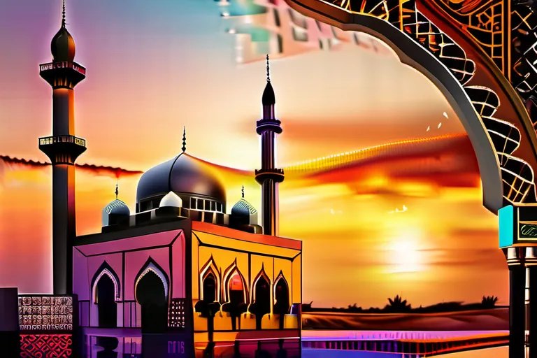 A beautiful, vibrant image featuring a stunning mosque with intricate architectural details and minarets against a colorful sunset backdrop. - Mosque, Islamic Architecture, Religious Buildings