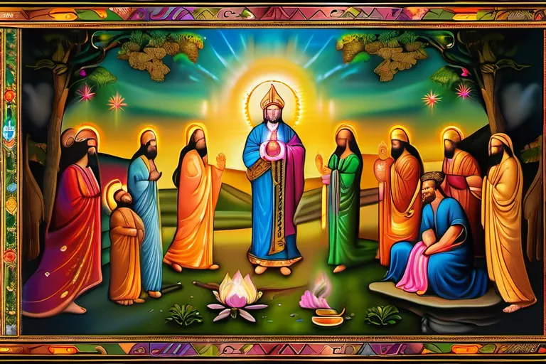 A vibrant, colorful tapestry depicting various religious mythological figures and scenes. - myths in religion