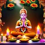 A stunning image depicting a beautifully decorated altar with various deities, fresh flowers, incense sticks, diyas, and offerings. A Hindu priest performing the ritual in the foreground. - Hinduism Pujas