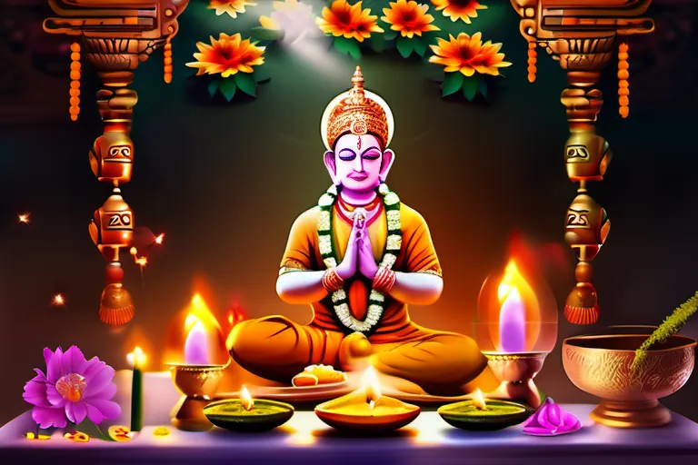 A stunning image depicting a beautifully decorated altar with various deities, fresh flowers, incense sticks, diyas, and offerings. A Hindu priest performing the ritual in the foreground. - Hinduism Pujas